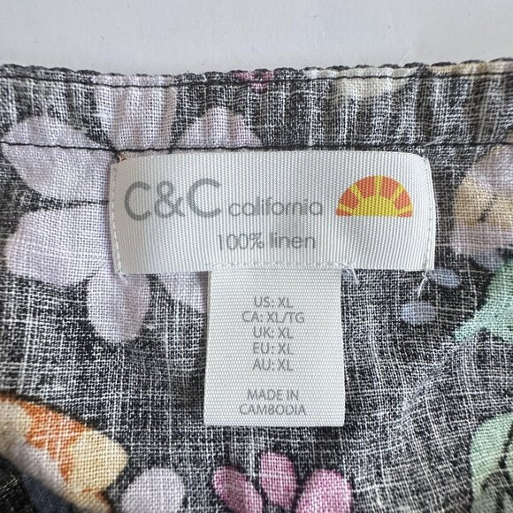 C&C California Blouse Womens XL Black Floral Boho Linen Peasant Top Long Sleeve‎ - Picture 5 of 10